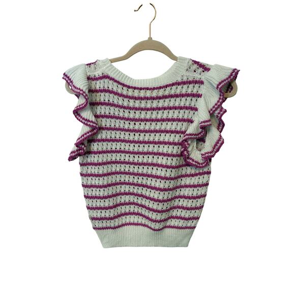 Women's Cute Summer Crochet Striped Crewneck flounce Ruffles Cap Sleeve tops S - Picture 5 of 8